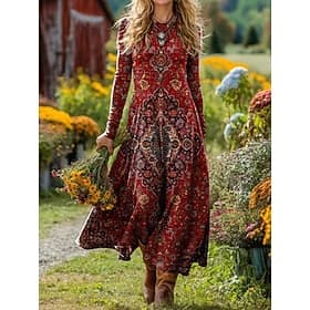 Women's Midi Dress Boho A Line Dress Fit And Flare Dress Vacation Casual Daily Regular Fit Graphic Geometric Long Sleeve Crew Neck Light Yellow Wine Red Fall W