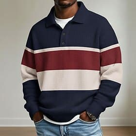 Men's Horizontal Stripes Waffle Polo Shirts Rugby Polo Long Sleeve Polo Shirts Collared Shirts Casual Athleisure Daily Wear Buttons Spring Fall Winter Blue Bla