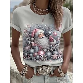 Christmas Women's T Shirt Print Graphic Christmas Vintage Stylish Classic Short Sleeve Crew Neck Round Neck Regular Tops Daily Blue Black White Pink Red Summer