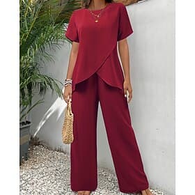 Women's T Shirt Pants Sets Bolero Top Short Sleeve Crew Neck Round Neck Solid Color Fashion Streetwear Daily Outdoor Vacation Red Navy Blue Green Summer Regula