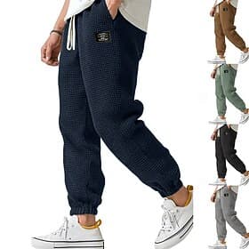 Men's Waffle Sweatpants Joggers Trousers Casual Pants Drawstring Solid Color Comfort Full Length Daily Outdoor Streetwear Fashion Classic Style Lake blue Black