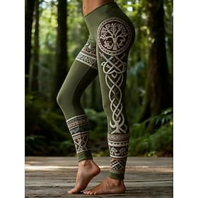 Womens Viking Boho Leggings Urlaub Vintage Ethnostil Vollständig Länge Hohe Taille Grafisches Baumsoft Bequem Dehnbar Formal Outdoor Urlaub Rot Grün Frühling H