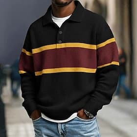 Men's Horizontal Stripes Waffle Polo Shirts Rugby Polo Rugby Polo Shirts Long Sleeve Polo Shirts Lapel Sportswear Casual School Athleisure Daily Wear 3D Print thumbnail 2