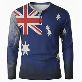 Men's Flag Australia Henley Shirt Long Sleeve Fashion Cute Daily Casual Holiday Going out Spring   Fall All Seasons Blue Henley Henley T-Shirt