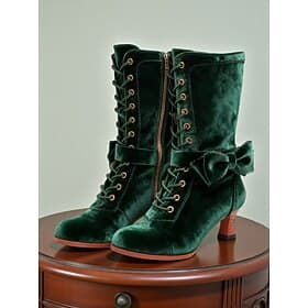 Women's Green Velvet Lace-Up Boots with Bow and Zipper – 1920s Elegant Victorian Style, Ideal for Formal Events, Winter Fashion and Vintage Lovers