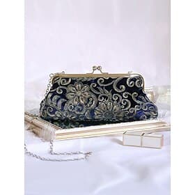Cartera de mano con lentejuelas para mujer: material de poliéster, varios colores, adornada con diseño floral metálico, incluye cadena para llevar al hombro, i