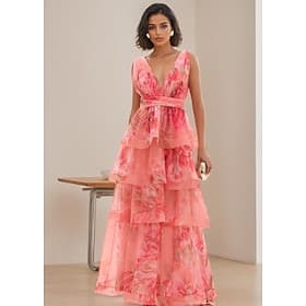 A-Line Floor Length Evening Gown Elegant Sleeveless V Neck Garden Party Wedding Organza with Floral Print Pleats Ruffles