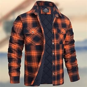 Men's Winter Coat Shirt Jacket Casual Jacket Outdoor Casual Thermal Warm Pocket Fall Winter Fall  Winter Plaid Streetwear Daily Turndown Regular White Burgundy