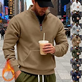 Men's Sweatshirt Fleece Sweatshirt Pullover Quarter Zip Sweatshirt Camel Light Grey Standing Collar Plain Kangaroo Pocket Casual Daily Sports  Outdoor Streetwe