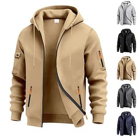 Men's Hoodie Full Zip Hoodie Fleece Hoodie Tactical Hoodie Black Navy Blue Khaki Light Grey Dark Gray Hooded Plain Zipper Pocket Sports  Outdoor Casual Daily S