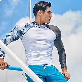 Men's Rash Guard Swim Shirt Patchwork UPF50 Quick Dry Lightweight Long Sleeve Sun Shirt Bathing Suit Surfing Beach Water Sports Summer