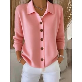 Women's Sweater Elegant Casual Soft Pure Color Ribbed Shirt Collar Knitted Long Sleeve Regular Tops Knit Daily Outdoor Weekend Pink Wine Spring Fall
