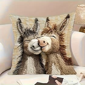 Cute Donkey Pillow Cover with 2D Flat Print Adorable Cartoon Kissing Design Soft Beige Background Decorative Cushion Case for Sofa Home Accent Decor
