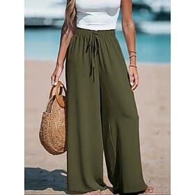 Women's Trousers Summer Pants Baggy Pants Vacation Fashion Basic Full Length High Waist Drawstring Elastic Waist Wide Leg Comfort Lightweight Soft Inelastic Be