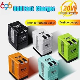 GAN Ultra Fast Charger 120W PD3.0 Type C Lighting Dual-port O utput Retractable Cable Mobile Phone Laptop Quick Charge