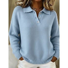 Women's Sweater Casual Shirt Collar Knitted Long Sleeve Regular Tops Knit Daily Blue Fall Winter