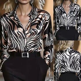 Women's Shirt Elegant Satin Top Blouse Buttons Color Block Elegant Stylish Casual Long Sleeve Shirt Collar Regular Tops Holiday Going out Black Light Brown Spr