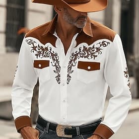 Men's Floral Print Ethnic Flowers Shirt Western Shirt Cowboy Shirt Long Sleeve Vintage Retro Casual Outdoor WorkWear Spring Fall Turndown Front Two Pockets Lin thumbnail 2