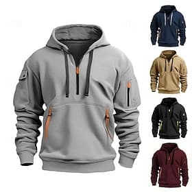 Men's Hoodie Quarter Zip Hoodie Black Wine Navy Blue Khaki Light Grey Hooded Plain Pocket Sports  Outdoor Daily Holiday Polyester Streetwear Basic Casual Sprin