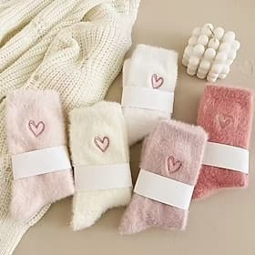 5 Pairs Women's Fuzzy Coral Fleece Socks – Warm Thick Mid-Calf Winter Socks with Heart Embroidery, Soft Cozy Home Lounge Socks, Cold-Weather Gift Choice