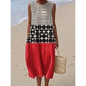 Abito midi da donna in lino simile Abito estivo A Line Abito da spiaggia Vacanza Casual Boho Andare fuori Vestibilità comoda Grafico Geometrico Senza maniche C thumbnail 2