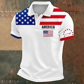 4. Juli 2026 250. Herren Amerikanische Flagge Polo Kurzarm Polo-Shirts Revers Lässig Athleisure Alltagskleidung Festivalkleidung 3D-Druck Knöpfe Sommer Blau We