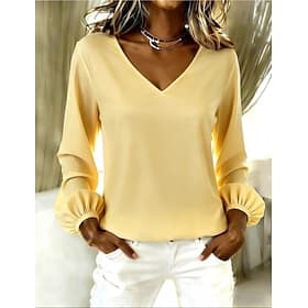 Women's T Shirt Solid Color Plain Stylish Classic Long Sleeve Puff Sleeve V Neck Regular Tops Daily Going out Weekend Blue Yellow Dusty Rose Red Purple Summer