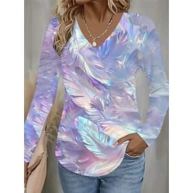 Women's Cologne Carnival Print T Shirt Floral Graphic Plants Vintage Fashion Stylish Long Sleeve V Neck Regular Tops Daily Print Red Spring Fall Winter