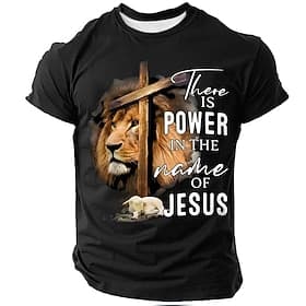 Bible Mens Christian T Shirt There Is Power In The Name Of Jesus Lion And Lamb Cross Graphic Tees Faith Religious Short Sleeve Tops Clothing Apparel