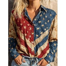 Independence Day Patriotic Women's Shirt Linen Like Breathable Lightweight Graphic Flag Abstract Vintage Daily Stylish Long Sleeve Shirt Collar Daily Work Patc