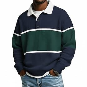 Men's Horizontal Stripes Waffle Polo Shirts Rugby Polo Long Sleeve Polo Shirts Lapel Sportswear Casual School Athleisure Daily Wear 3D Print Spring Fall Winter
