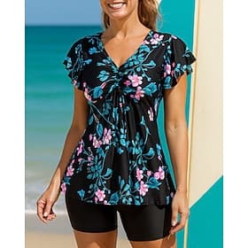 Women's Bathing Suit 2 Pieces Swimsuits Floral V Neck Flared Sleeve UV Protection Elastic Short Sleeve Swimwear Surfing Beach Swimming Summer