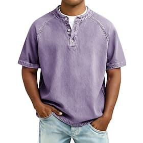 Men's T Shirt Henley Shirt 100% Cotton Acid Wash Shirt Tee Top Short Sleeve Plain Vintage Streetwear Casual Washed Raglan Sleeves Stand Collar Henley Casual Ho