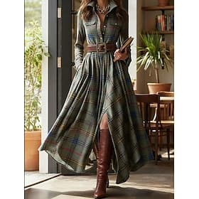 Women's Midi Dress Shift Dress Vacation Casual Boho Daily Regular Fit Plaid Long Sleeve Shirt Collar ArmyGreen Spring Fall Winter