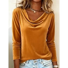 Women's Velvet Layered Elegant Stylish Basic Long Sleeve Cowl Neck Regular Tops Blue Black Yellow Wine Green Spring Fall Winter