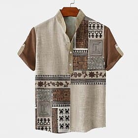 Men's Floral Print Ethnic Greek Key Shirt Button Down Shirt Short Sleeve Vintage Retro Holiday Casual Daily Summer Spring Standing Collar Henley Collar 3D Prin