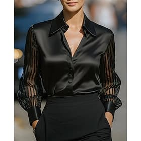 Women's Shirt Elegant Satin Top Blouse Ruched Lace Patchwork Solid Color Plain Elegant Vintage Daily Long Sleeve Shirt Collar Regular Tops Daily Work Holiday B