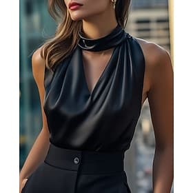 Women's Shirt Elegant Satin Top Blouse Ruched Plain Elegant Stylish Sleeveless Halter Neck Regular Tops Daily Work Holiday Black Summer Spring Fall