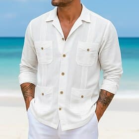 Men's Shirt Linen Shirt Guayabera Shirt Summer Shirt Beach Shirt Solid Color Casual Beach White Long Sleeve Camp Collar Summer Spring Clothing Apparel Multiple