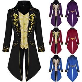 Vintage Punk  Gothic 18th Century Coat Cosplay Costume Tuxedo Ebenezer Scrooge Dickens Vampire Elf Gentleman Embroidered Fancy Dress Men's Royal Steampunk Chri