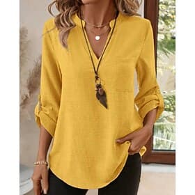 Women's Shirt Blouse Pocket Solid Color Casual Long Sleeve V Neck Regular Tops Daily Holiday Going out Yellow Purple Khaki Beige Summer Spring