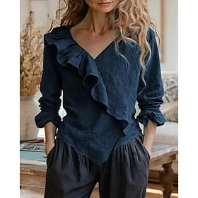 Women's Blouse Ruffle Patchwork Plain Vintage Stylish Long Sleeve V Neck Regular Tops Daily Holiday Going out Black Red Navy Blue Green Khaki Summer Spring Fal