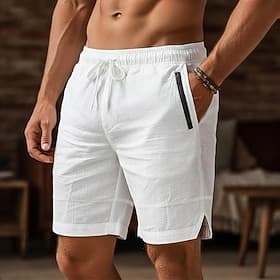 Men's Shorts Linen Shorts Summer Shorts Beach Shorts Drawstring Pocket Elastic Waist Plain Comfort Breathable Short Casual Daily Holiday Vacation Fashion Blue
