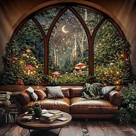 Fantasy Castle Window Tapestry featuring Magic Woodland Scene Large Fairytale Moon Mural for Bedroom Dorm  and Living Room Wall Decor