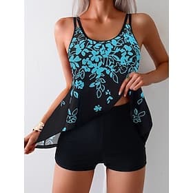 Dames Tankini 2 delige zwemkleding boy leg buikcontrole hoge taille slank rugloos vakantie strandkleding bloemen U-hals zonder mouwen badpakken