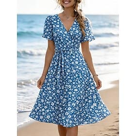 Damen Midikleid Freizeitkleid A Linie Kleid Elegant Urlaub Niedlich Ferien Date Normale Passform Blumen Grafik Kurzarm V Ausschnitt Blau Gelb Rosa Purpur Somme