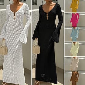 Women's Swimwear Cover Up Swim Dress Swimsuit Crochet Vacation Beach Wear Solid Color V Neck Long Sleeve Bathing Suits