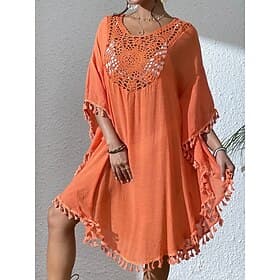 Women's Cover Up Swimsuit Dress Lace Patchwork Fringe Vacation Beach Wear Solid Color Round Neck Long Sleeve Bathing Suits