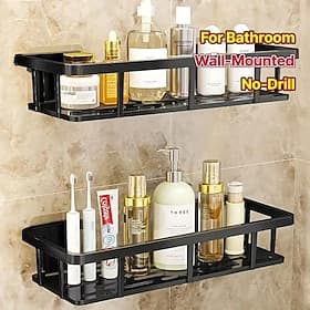 2pcs No-Drill Black Wall-Mounted Shelf - Heavy-Duty Waterproof Plastic Shower Shelving Unit Space-Saving Bathroom Storage Shelf Suitable for Small Bathrooms Ea