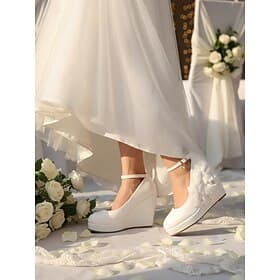 Women's White Wedge Sandals with Flower Detail and Ankle Strap - Stylish Platform Shoes for Weddings, Parties, and Formal Occasions
